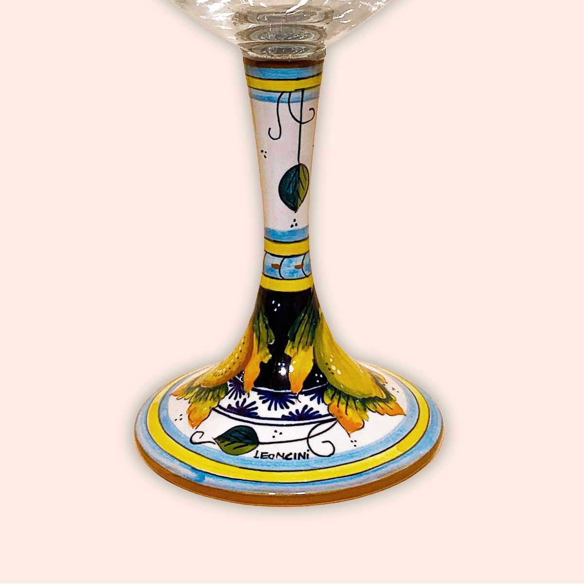 ELEGANT LEAD-FREE CRYSTAL GLASS WITH CERAMIC STEM. DESIGN: lemons on blue and blue lacework cm.23h